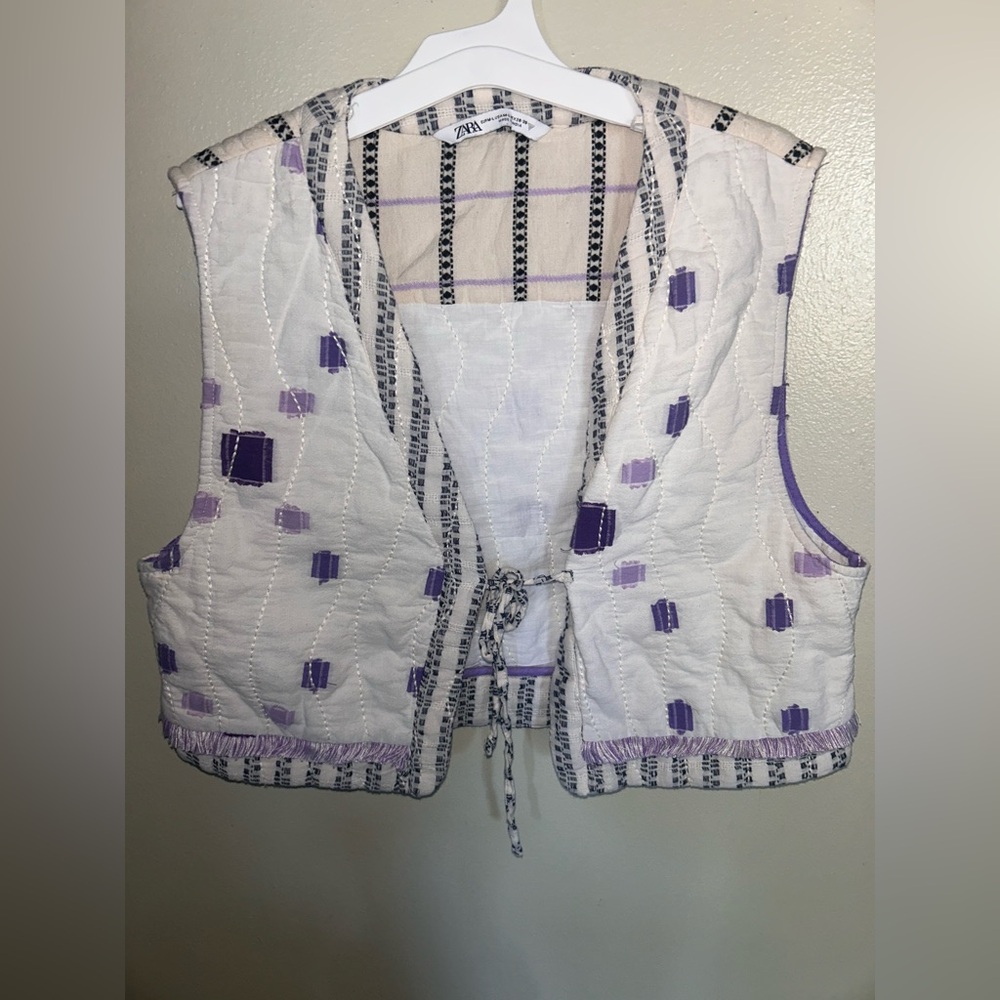 Zara Quilted Vest Patchwork Fringed Gilet Waistcoat Casual Cropped Boho Cotton M